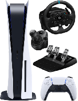 کنسول بازی سونی مدل PlayStation 5 Standard به‌همراه فرمان بازی لاجیتک مدل G923 و جعبه دنده لاجیتک مناسب برای PS5